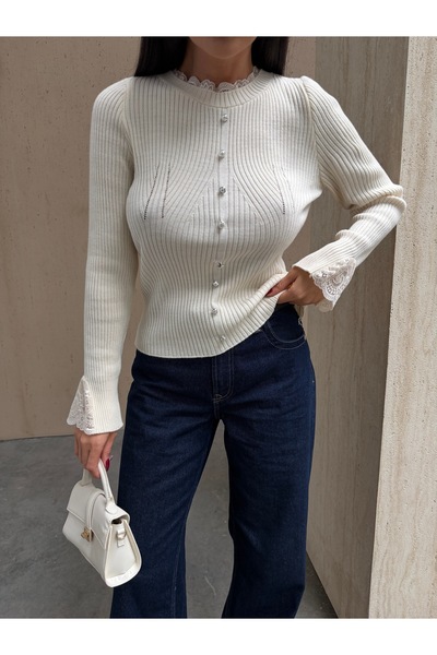 kenza'a Pulover din tricot cu detaliu din tul și nasturi