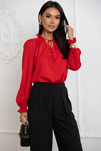 UniqueStore.ro Elegant red shirt with ruffles and neck cord