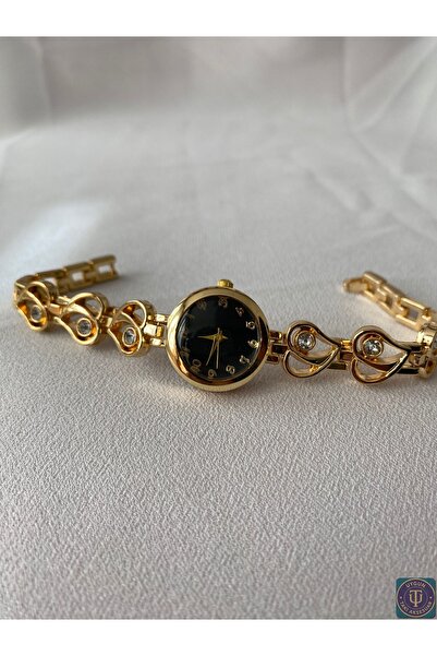uyguntakıaksesuar Gold Color Heart Detailed Cord Black Dial Women's Steel Wat...