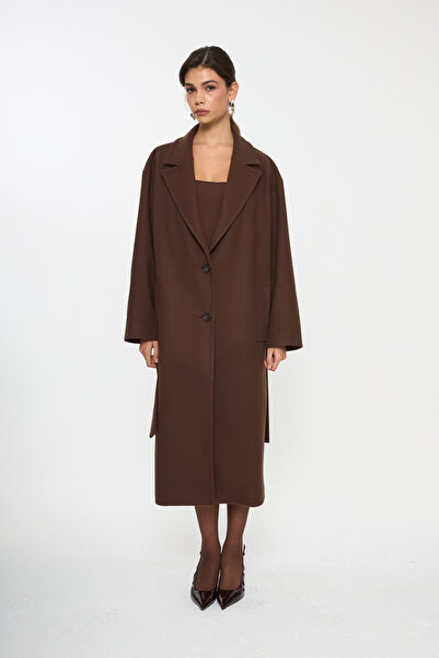 Tt Line Kuşaklı Oversize Kaşe Palto Kahve