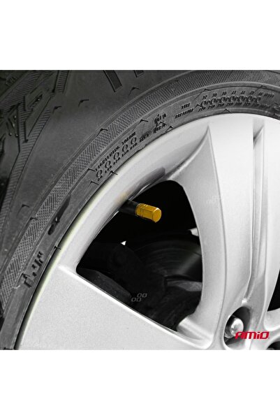 AMIO Set of 4 car valve caps, made of aluminum, Hexagon model, color Yellow