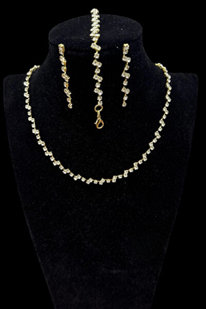 HUBANN Kristal Altın Renk Zigzag Ajda Model 3’lü Set Su Yolu Kolye Küpe Bilek...