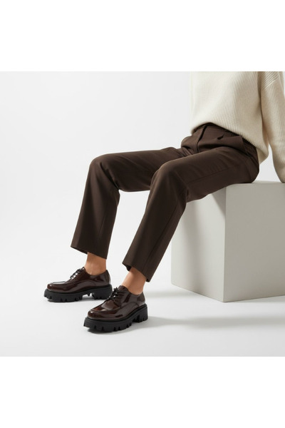 varenza Kadın Kahve Rugan Loafer Bağcıklı Günlük Rahat Ayakkabı
