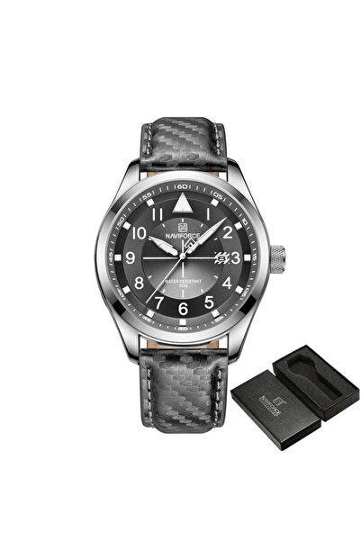 Naviforce Men's Wristwatch Elegant Auto Date Sport Fashion Casual Genuine Leather Gray