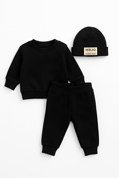 NOVERAM KİDS Baby 3 Thread Tracksuit Set 9-12-18-24 Months | Hello Printed Sweatshirt & Bottom Set & Beanie