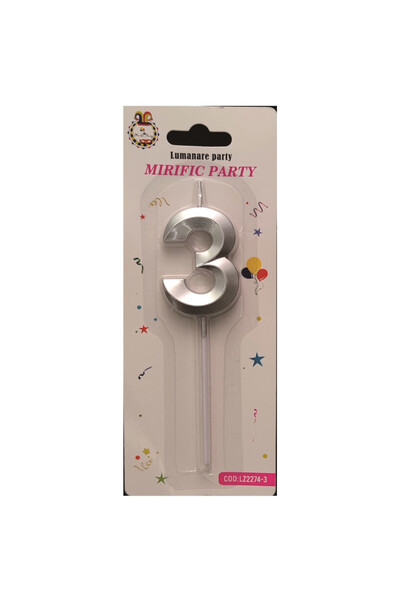 Mirific Party Cake candle, metallic silver color, 5 cm, number 3
