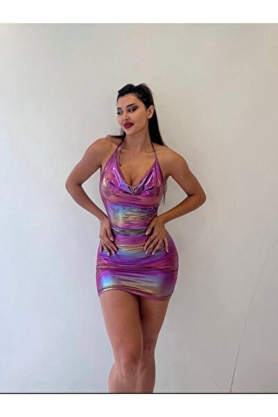 pink life Mor Parlak Kum.Büzg.Sırt Dekolteli Mini Elbise