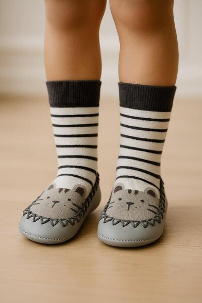 BONY SOCKS Детски мокасини-чорапи – Неплъзгащи се обувки за дома и детската стая, сиви