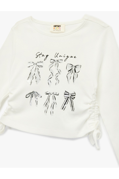 Koton Long Sleeve Crew Neck Bow Printed Ribbed Knit Cotton T-Shirt