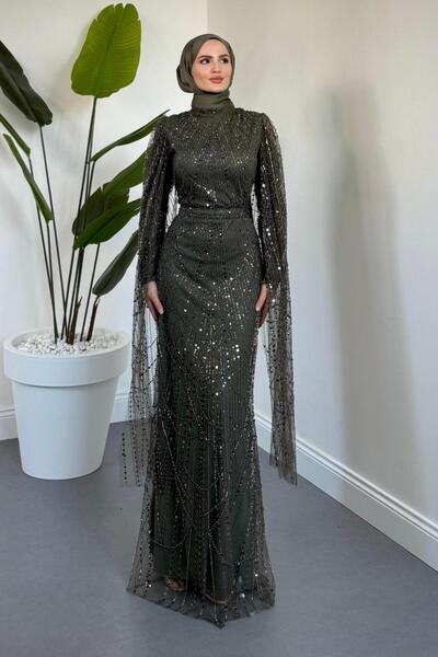 MERVEN AKYÜZ Eloria Pelerinli Boncuk İşlemeli Abiye Haki