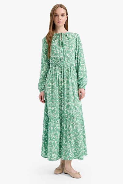 DeFacto Μακρυμάνικο μάξι φόρεμα με στάμπα με λαιμόκοψη D9636AX25SM