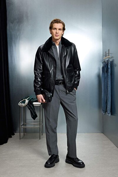 DeFacto 100% Leather Premium Modern Fit Polo Collar Lined Zippered Coat G5521Ax25Wn