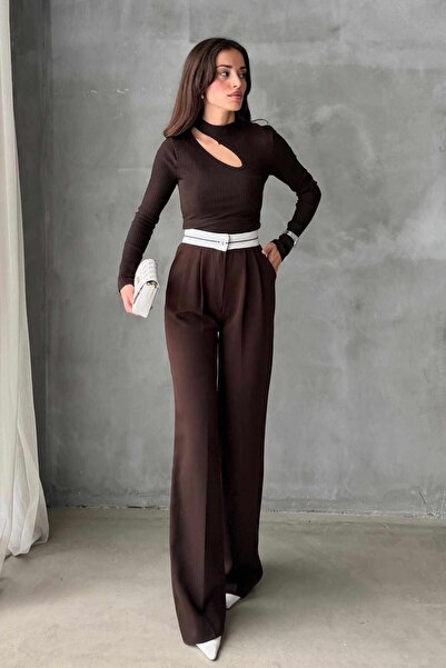 VİYAMOD Kadın Yüksek Bel Geniş Paça Kahve Palazzo Pantolon