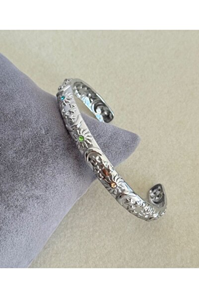 ZEHRİNG Çelik Gece Renkli Taşlı Silver Vintage Kelepçe