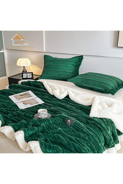 JOJO HOME Κουβέρτα Cocolino με χοντρό γούνινο ύφασμα Premium 200x230cm + 2 μαξιλαροθήκες 50x70cm, σμαραγδί