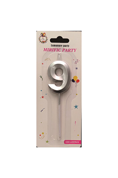 Mirific Party Cake candle, metallic silver color, 5 cm, number 9
