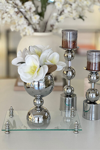 Shura Homeware Sima Vase Silver Metal Stand Decorative Globe Vase with Artificial Flowers, Stylish Living Room Accessory