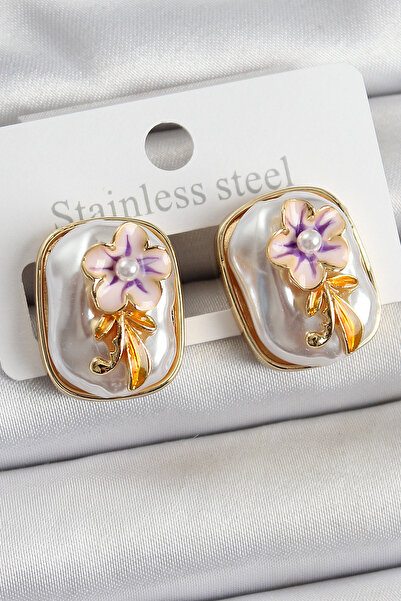 Mustran Brass White Enamel Pearl Detailed Flower Figured Artistic Portrait Model Gold Color Women's Earrings