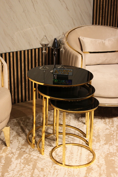 AlberoLife 3'lü Lüx C Zigon Sehpa (KOLAY KURULUM) Gold Ayak Siyah Kırılmaz Cam