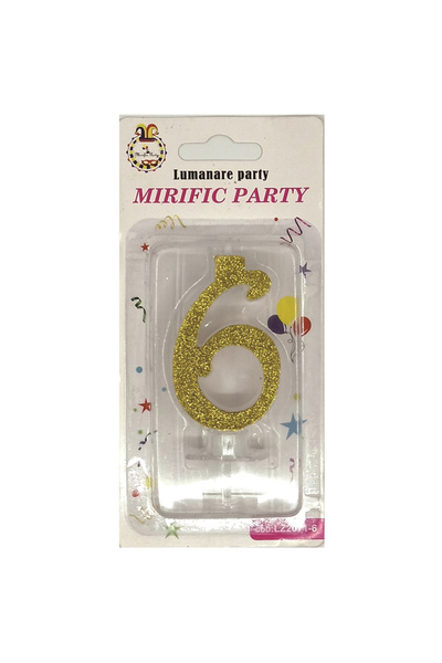 Mirific Party Gold glitter cake candle, 6 cm, number 6