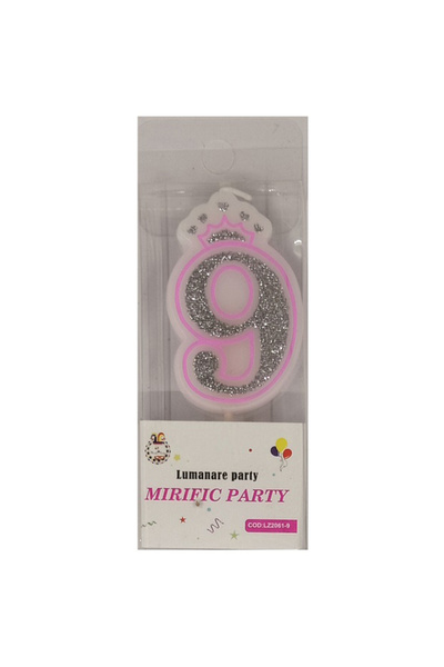 Mirific Party Pink cake candle, silver with glitter, 6 cm, number 9