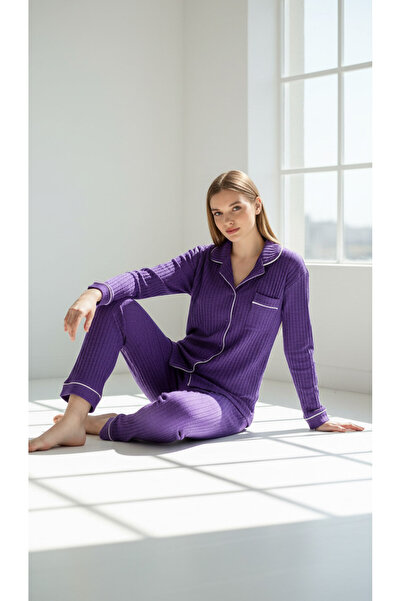 trendlina Ribbed Knit Buttoned Piped Pajama Sets
