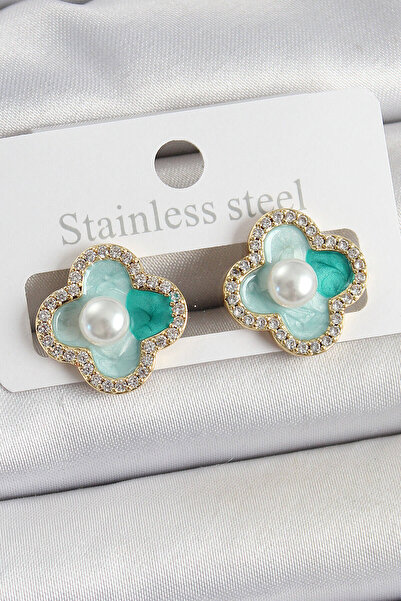 Mustran Brass Green Enamel Pearl Detailed Zircon Stone Artistic Portrait Clover Model Gold Color Women's Earrings
