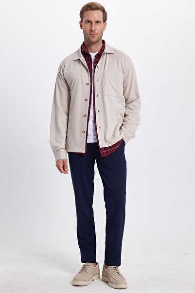 Tudors Men's Relax Fit Comfortable Cut Long Sleeve Plain Knitted Fabric Side Slit Beige Shirt