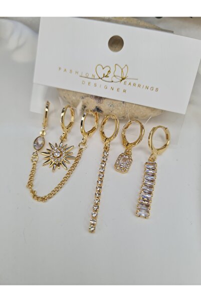 ZEYM COLLECTION Gold Asymmetric Chain Stone Dangle Earring Set – 5-Piece Combination, Shiny Zircon Detail