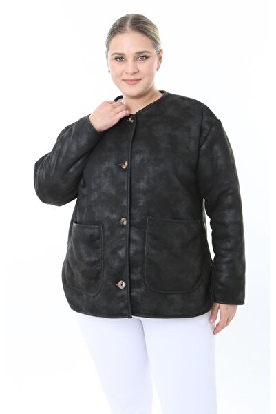 Butik Nilyam Women's Plus Size Button Detailed Inside Lamb Plush Pocket Nubuck Cardigan Jacket 25052