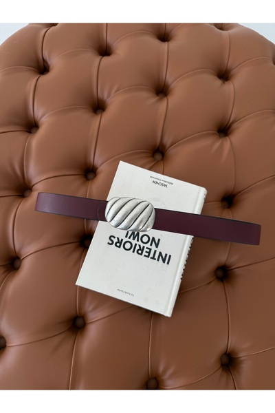 coaksco Women's Silver Mussel Shell Buckle Burgundy Belt