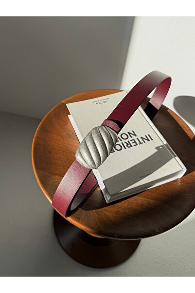 coaksco Women's Silver Mussel Shell Buckle Burgundy Belt