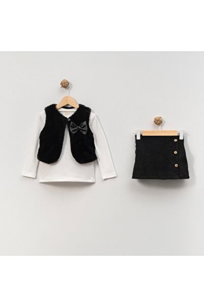 Magu Girl's Cotton Black Bow 3-Piece Set with Vest Set Skirts – Elegant Casual Combination