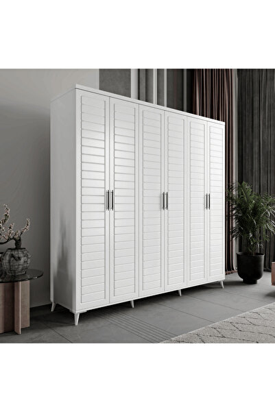 MaceraMobilya Rodos 6 Kapaklı Komple MDF Beyaz Gardırop