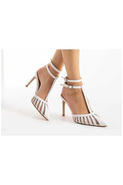 nuvilo White Leather Mesh 8.5cm Thin Heels Double Belt Pointed Toe Stileto Wo...