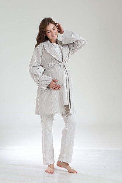 PREGNANT WORLD Women's Beige Melange Shawl Collar Winter Design Long Sleeve Maternity Pajama Set