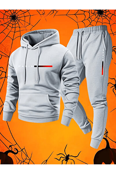 ALEYZA MODA طقم بدلة رياضية مخططة مكتوب عليها 'باريس' للرجال بغطاء رأس