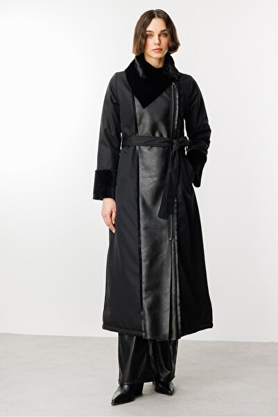 Micca Suni Deri ve Soft Kürk Detaylı Dolgulu Spor Kaban Manto-Siyah