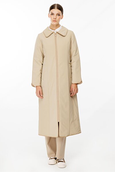 Micca Ruby Kumaş ve Biye Detaylı İçi Elyaf Dolgulu Zamansız Özel Kaban Manto-Taş