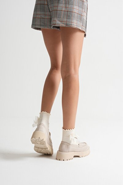 Miss Mitto Women's Beige Suede Thick Soled Comfortable Loafer Shoes