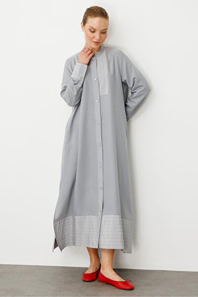 Micca Bant / Dikiş Etek ve Kol Detaylı İpekçe Doku Elbise Kap-Gri