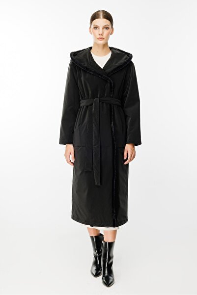 Micca Özel Beden Kumaşı Yumuşak Kürklü ve İç Dolgu Kaplamalı Kaban Manto-Siyah