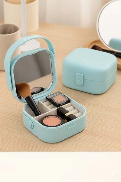 Eşya Dünyası صندوق مجوهرات ومكياج صغير محمول – مع مرآة، متعدد الأقسام، منظم مدمج
