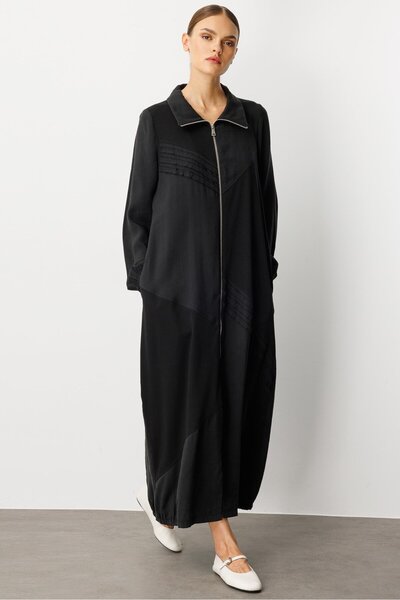 Micca Soft Modal (%90) İçerik Garni Büzgü Detaylı Kap/ Ferace-Siyah