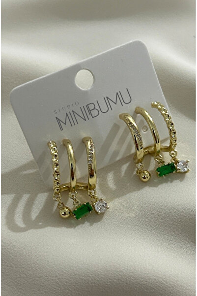 stainless steell 3lü Görünümlü Yeşil Taşlı Kararmaz Çelik Altın Renkli Halka ...