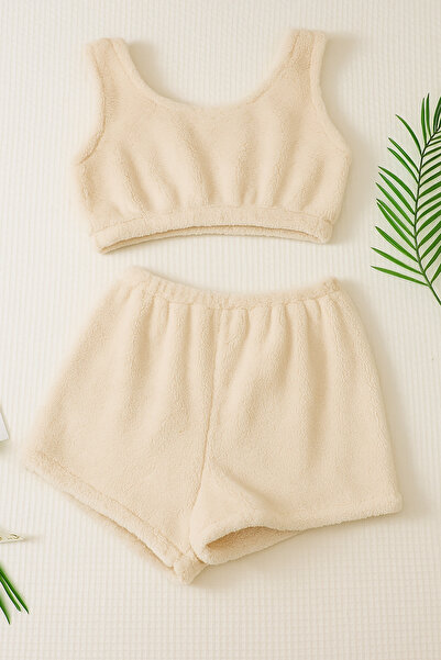 Misue Handmade Plush Shorts Crop Set, Welsoft Shorts Bustier Set, Ultra Soft Touch Shorts Set, Plush Home Wear