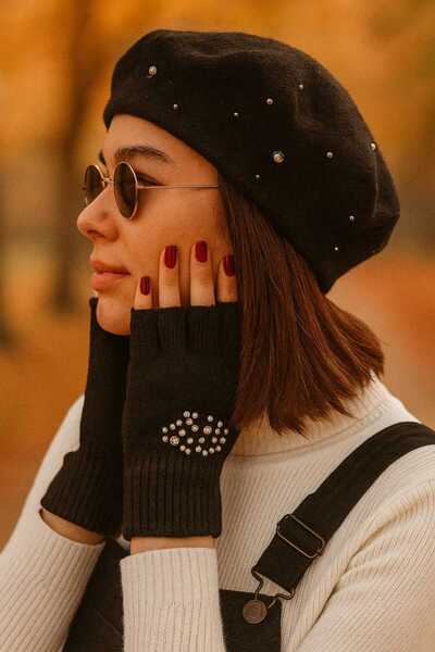 Netodak طقم مكون من قبعة رسامين سوداء مزينة باللؤلؤ وقفازات بدون أصابع للنساء