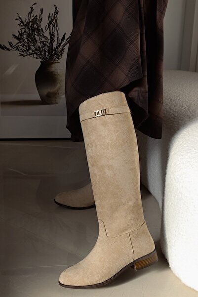 POLKA STORE Daily Flat Sole Detachable Belt Buckle Riding Boots Women's Shoes Bitter Brown