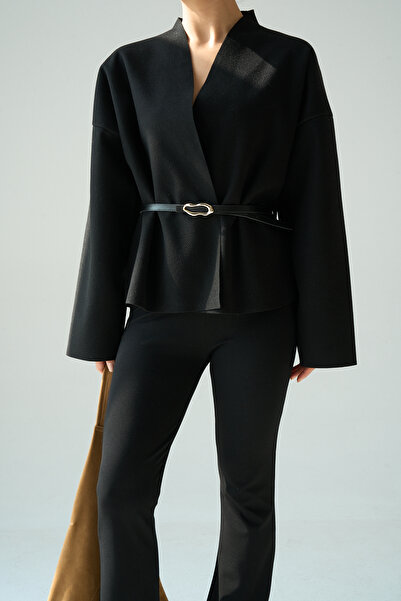 LOOSH Kadın Siyah Kruvaze Yaka Kemerli Ceket