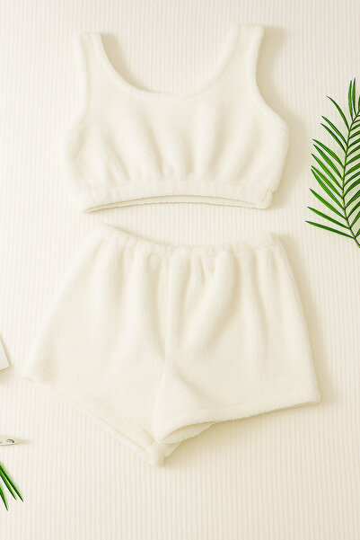 Misue Handmade Plush Shorts Crop Set, Welsoft Shorts Bustier Set, Ultra Soft Touch Shorts Set, Plush Home Wear